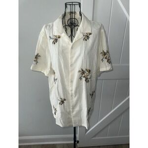 Free Planet‎ Men's Large Tropical Shirt Tan Embroidered Button Down cotton Palm